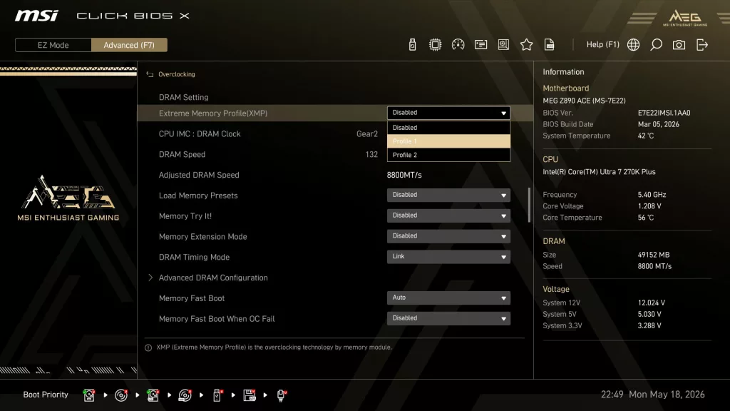 G.SKILL Trident Z5 CK RGB DDR5 8400MT/s 48GB CU-DIMM BIOS Default Screenshot