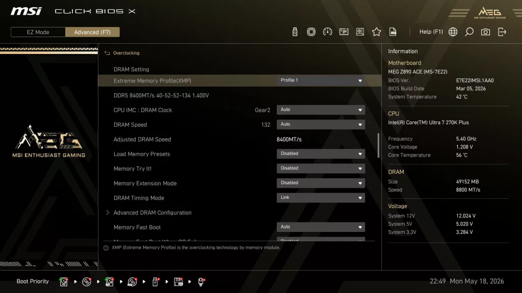 G.SKILL Trident Z5 CK RGB DDR5 8400MT/s 48GB CU-DIMM BIOS XMP Profile 1 Screenshot