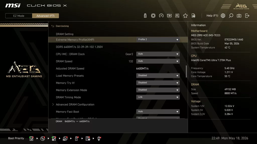 G.SKILL Trident Z5 CK RGB DDR5 8400MT/s 48GB CU-DIMM BIOS XMP Profile 2 Screenshot