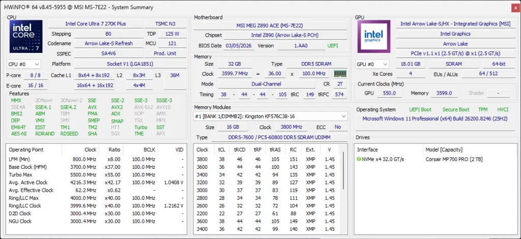 Kingston Fury Renegade 7200MT/s 32GB DDR5 RGB White Memory HWiNFO64