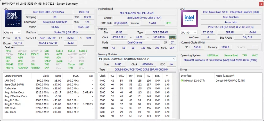Kingston Fury Renegade 8800MT/s 48GB DDR5 CUDIMM RGB Black Memory HWiNFO64