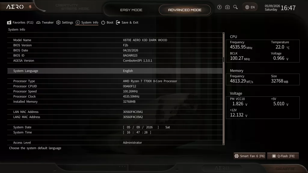 GIGABYTE X870E AERO X3D DARK WOOD motherboard: BIOS