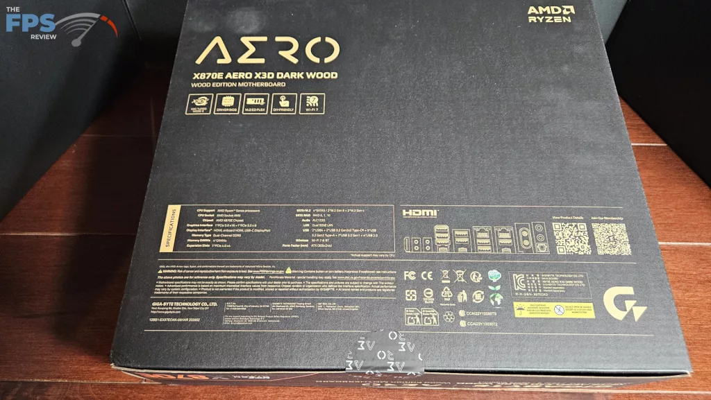 GIGABYTE X870E AERO X3D DARK WOOD motherboard: box-back