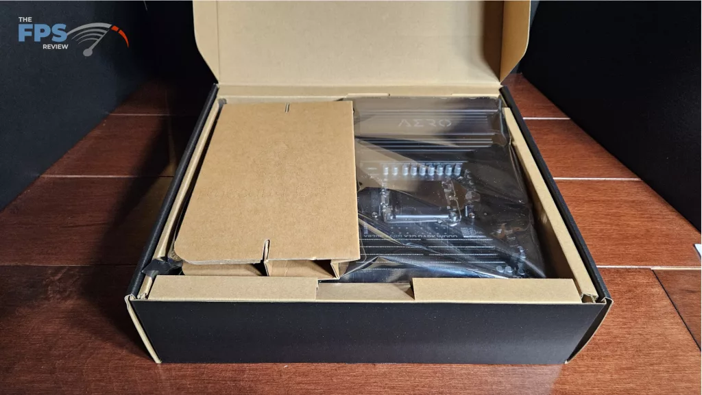 GIGABYTE X870E AERO X3D DARK WOOD motherboard: box-open