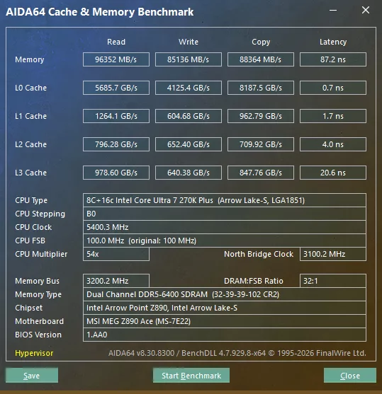 G.SKILL Trident Z5 CK RGB DDR5 8400MT/s 48GB CU-DIMM AIDA64 XMP Profile 2 Cache and Memory Benchmark