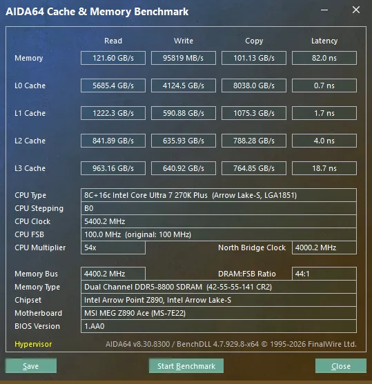 G.SKILL Trident Z5 CK RGB DDR5 8400MT/s 48GB CU-DIMM AIDA64 Overclocked Cache and Memory Benchmark