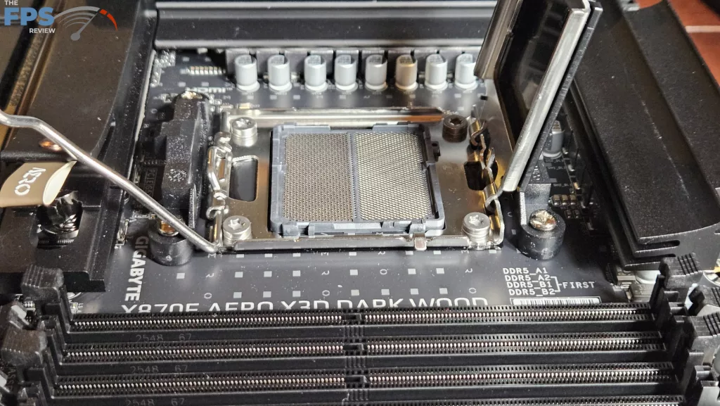GIGABYTE X870E AERO X3D DARK WOOD motherboard: CPU socket open