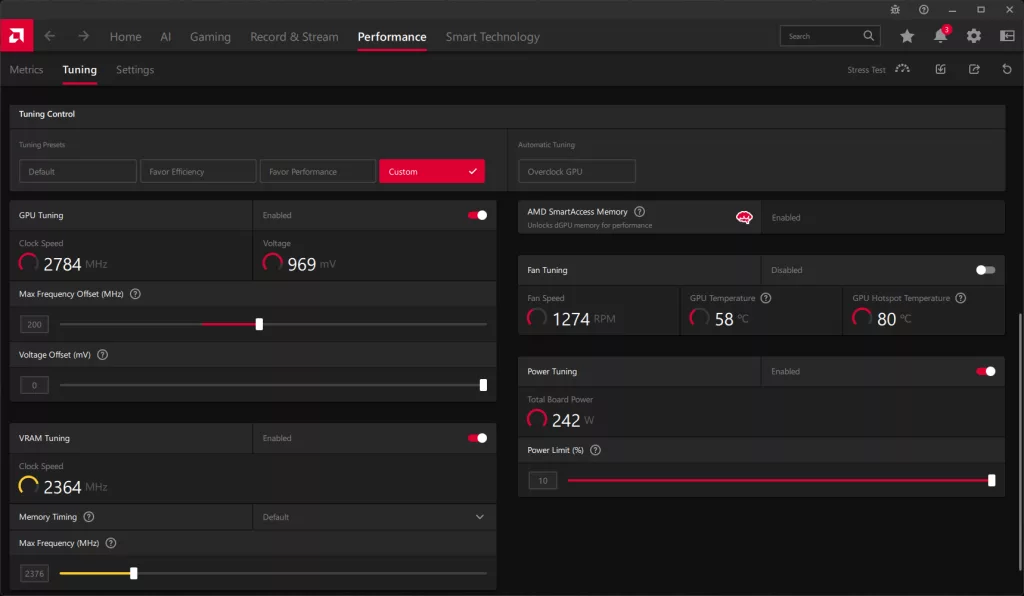 AMD Radeon Software Performance Tuning Overclock Screenshot