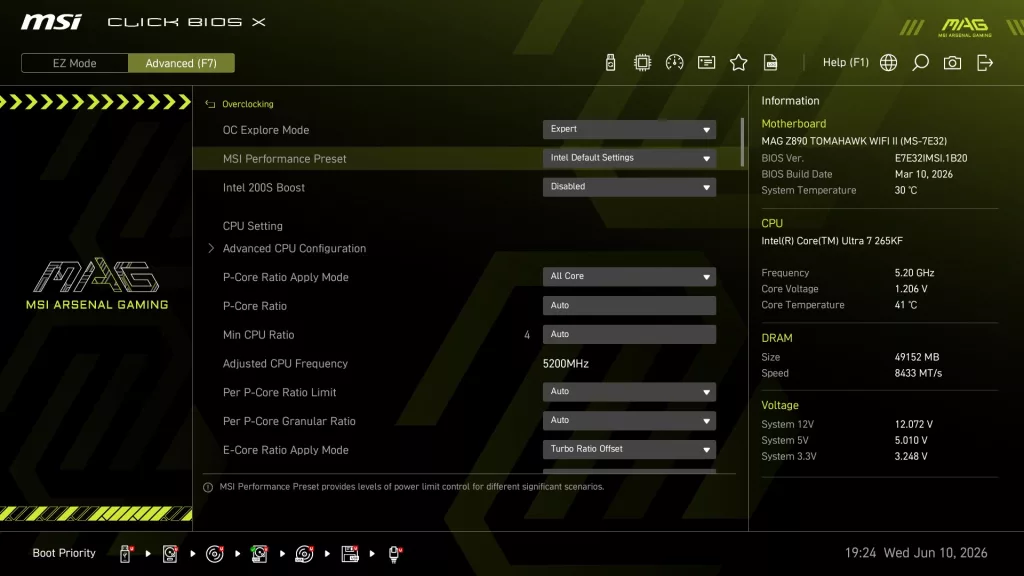 MSI MAG Z890 TOMAHAWK WiFi II motherboard BIOS