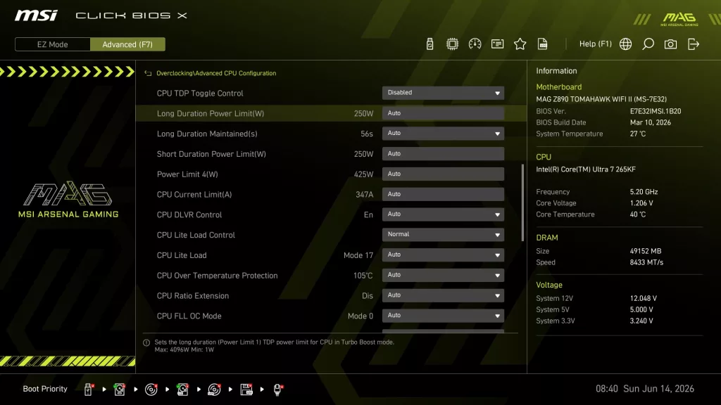 MSI MAG Z890 TOMAHAWK WiFi II motherboard: BIOS