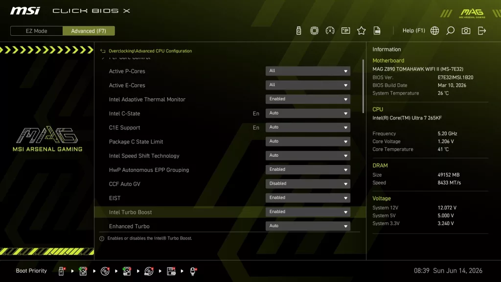 MSI MAG Z890 TOMAHAWK WiFi II motherboard: BIOS