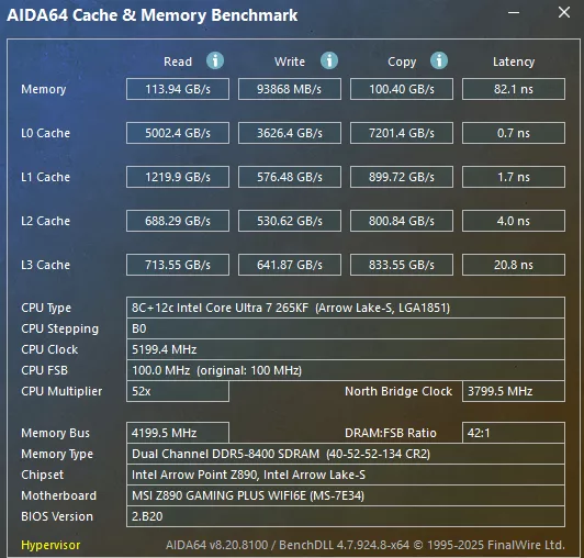 MSI Z890 GAMING PLUS WiFi6E motherboard: performance, AIDA64