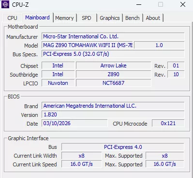 MSI MAG Z890 TOMAHAWK WiFi II motherboard CPUZ