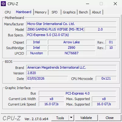 MSI Z890 GAMING PLUS WiFi6E motherboard: CPUZ