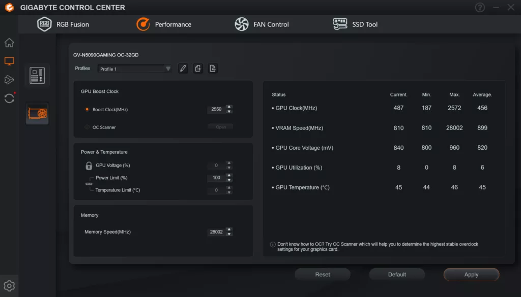 GIGABYTE GeForce RTX 5090 GAMING OC 32G GIGABYTE Control Center