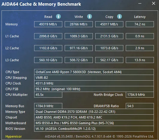 MSI B550 GAMING WiFi6E motherboard: performanceaida64