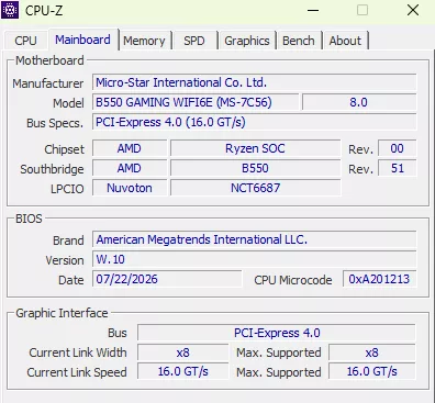 MSI B550 GAMING WiFi6E motherboard: cpuz