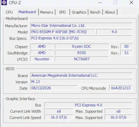 MSI PRO B550M-P WiFi6E motherboard: cpuz