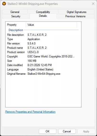 Stalker 2 Patch 2.0 File Version Screenshot