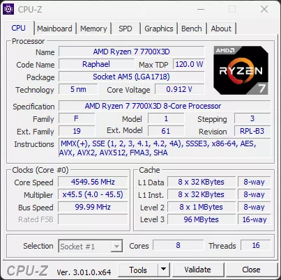 AMD Ryzen 7 7700X3D CPU-Z Screenshot