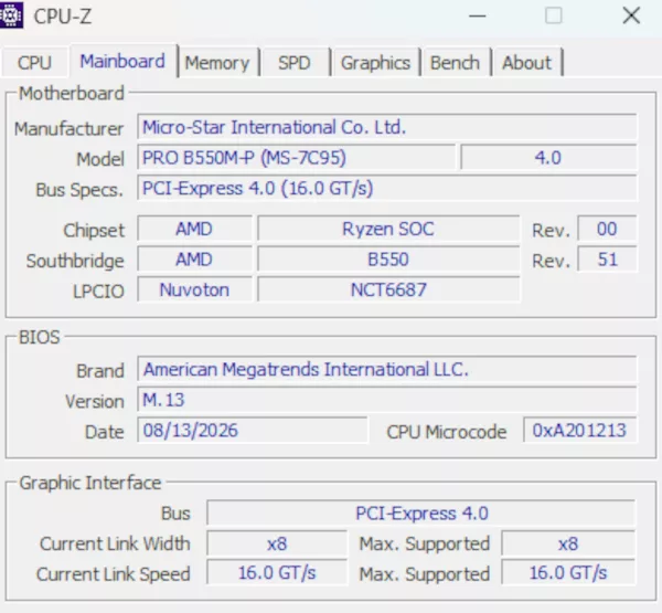 MSI PRO B550M-P motherboard: CPU-Z