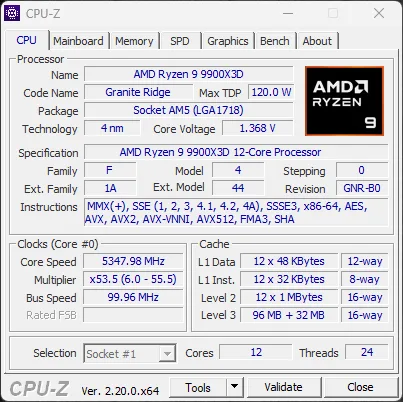 AMD Ryzen 9 9900X3D CPU-Z Screenshot